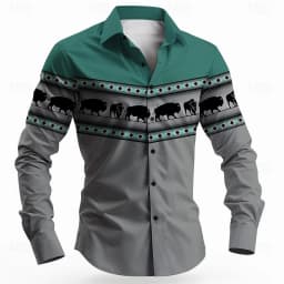 Vintage Men's Long Sleeve Shirt Aztec Bull Ethnic Shirt Button Up Shirt Streetwear Casual Comfort Polyester Slim Fit Shirts