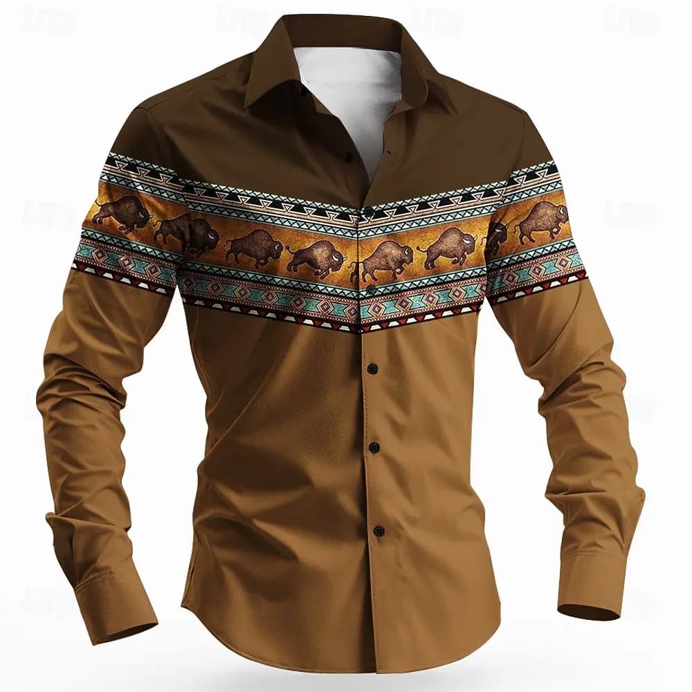 Vintage Men's Long Sleeve Shirt Aztec Bull Ethnic Shirt Button Up Shirt Streetwear Casual Comfort Polyester Slim Fit Shirts