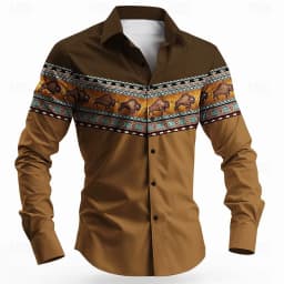 Vintage Men's Long Sleeve Shirt Aztec Bull Ethnic Shirt Button Up Shirt Streetwear Casual Comfort Polyester Slim Fit Shirts