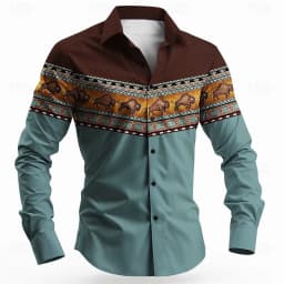 Vintage Men's Long Sleeve Shirt Aztec Bull Ethnic Shirt Button Up Shirt Streetwear Casual Comfort Polyester Slim Fit Shirts