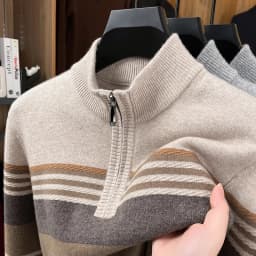 Real Cashmere Wool Clothes for Men 2025 Autumn Winter Trendy Striped Warm Sweater Long Sleeve Male Sheep Wool Zipper Jumpers