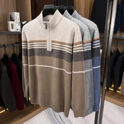 Real Cashmere Wool Clothes for Men 2025 Autumn Winter Trendy Striped Warm Sweater Long Sleeve Male Sheep Wool Zipper Jumpers