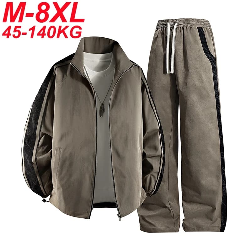 8XL Men Jacket 2Pcs Tracksuit Set Waterproof Side Stripe Large Size 6XL 7XL Streetwear Long Sleeve 2025 Spring Sportswear Male