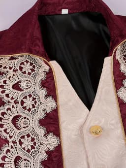 Men's Victorian Baroque Lace Applique Long Coat - Vintage Burgundy Royal Court Tailcoat Jacket for Halloween Cosplay Party