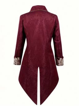 Men's Victorian Baroque Lace Applique Long Coat - Vintage Burgundy Royal Court Tailcoat Jacket for Halloween Cosplay Party