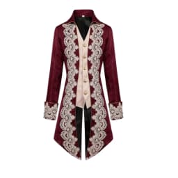 Men's Victorian Baroque Lace Applique Long Coat - Vintage Burgundy Royal Court Tailcoat Jacket for Halloween Cosplay Party