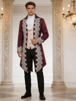 Men's Victorian Baroque Lace Applique Long Coat - Vintage Burgundy Royal Court Tailcoat Jacket for Halloween Cosplay Party