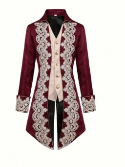Men's Victorian Baroque Lace Applique Long Coat - Vintage Burgundy Royal Court Tailcoat Jacket for Halloween Cosplay Party