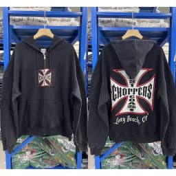 Oversize Men Women Street Outfit West Coast Choppers Jackets Vintage Washed Black Patchwork Red Cross Pattern Zippered Hoodie