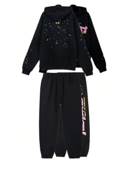 Men 2‑Pieces Outfit Spider Web Star Print Hoodie Sweatpants Set Casual Long Sleeve Hooded Sweatshirt Jogger Pants Streetwear Suit