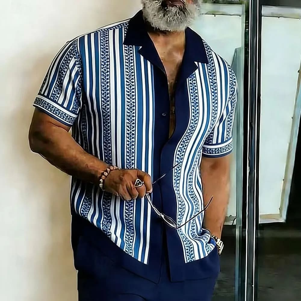 Men's Boho Geometric Striped 3D Print Shirt, Short Sleeve Button Up Top, Fashion Casual Streetwear for Spring & Summer Vacation