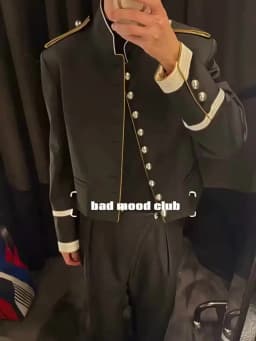 ANN Show Piece Harris Marsina Black & Gold Button Napoleon Jacket, Vintage Court Short Stand Collar Coat