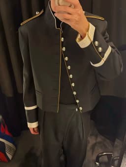 ANN Show Piece Harris Marsina Black & Gold Button Napoleon Jacket, Vintage Court Short Stand Collar Coat