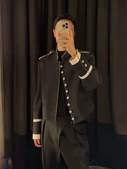 ANN Show Piece Harris Marsina Black & Gold Button Napoleon Jacket, Vintage Court Short Stand Collar Coat