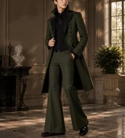 Men Olive Green 3 Pieces Gothic Tailcoat Suit Black Lapel Steampunk Tuxedo Flared Pants Waistcoat Victorian Wedding Customized