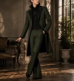 Men Olive Green 3 Pieces Gothic Tailcoat Suit Black Lapel Steampunk Tuxedo Flared Pants Waistcoat Victorian Wedding Customized