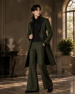 Men Olive Green 3 Pieces Gothic Tailcoat Suit Black Lapel Steampunk Tuxedo Flared Pants Waistcoat Victorian Wedding Customized