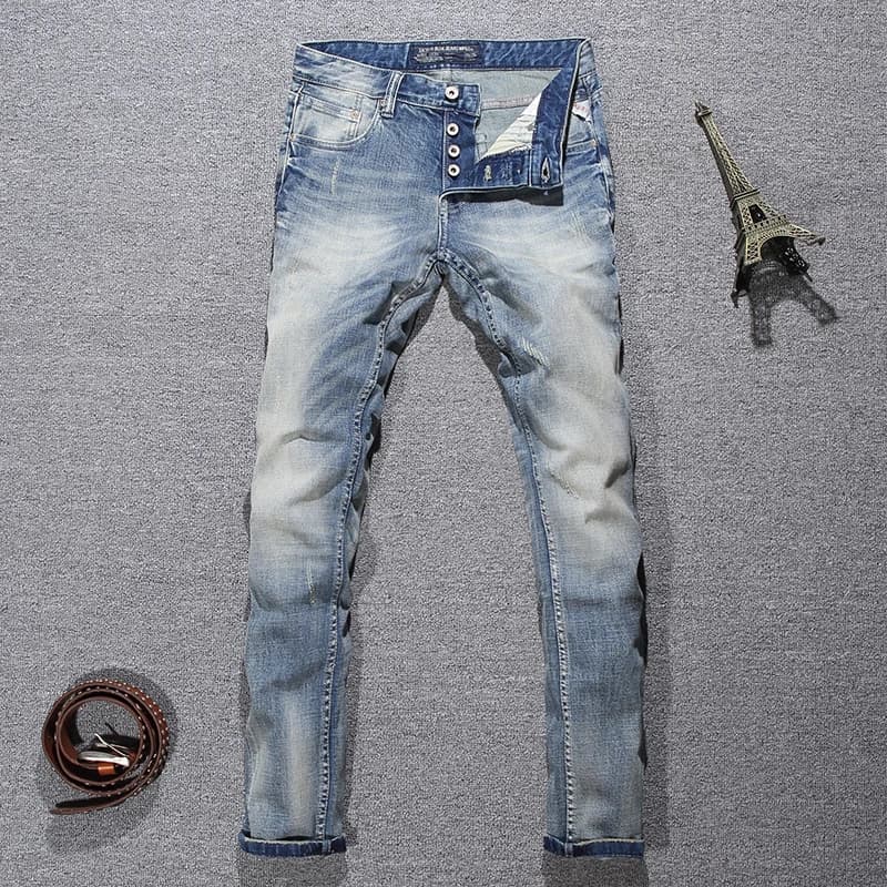 Italian Style Fashion Men Jeans Retro Light Blue Elastic Slim Fit Ripped Jeans Men Buttons Trousers Vintage Designer Denim Pants