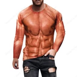 Funny Fake Musclet-Shirt 3D Funny Muscle Body Printed T-Shirts Slim Oversized T Shirt Men Tops Ugly Chest Hair Tops Long Sleeve
