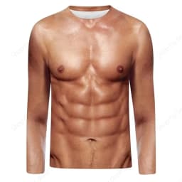 Funny Fake Musclet-Shirt 3D Funny Muscle Body Printed T-Shirts Slim Oversized T Shirt Men Tops Ugly Chest Hair Tops Long Sleeve