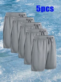 5 Pcs Men's Athletic Performance Shorts - Quick Dry Polyester Micro Mesh With Elastic Waist & 2 Side Pockets (8 Inch Inseam)