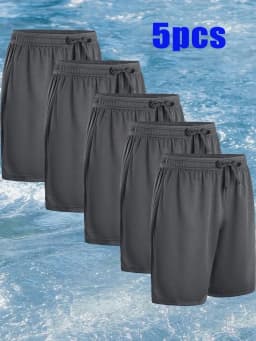 5 Pcs Men's Athletic Performance Shorts - Quick Dry Polyester Micro Mesh With Elastic Waist & 2 Side Pockets (8 Inch Inseam)