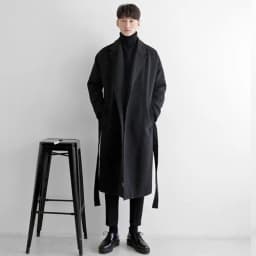 YASUGUOJI Cardigans Blends Coat with Belt Overcoat Male Winter Coat New Black Turn-down Collar Long Coat Men's Clothing
