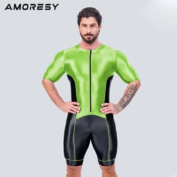 AMORESY Men Smooth Satin Running Catsuit Half Sleeve Bodysuit Yoga Sports Cycling Overalls Tracksuits Jumpsuits Running Leotards