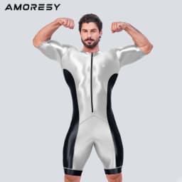 AMORESY Men Smooth Satin Running Catsuit Half Sleeve Bodysuit Yoga Sports Cycling Overalls Tracksuits Jumpsuits Running Leotards