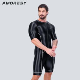 AMORESY Men Smooth Satin Running Catsuit Half Sleeve Bodysuit Yoga Sports Cycling Overalls Tracksuits Jumpsuits Running Leotards