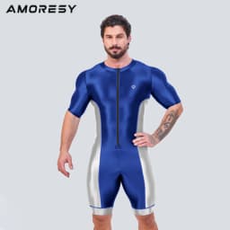 AMORESY Men Smooth Satin Running Catsuit Half Sleeve Bodysuit Yoga Sports Cycling Overalls Tracksuits Jumpsuits Running Leotards