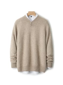 New Men 100% Merino Wool Sweater Long Sleeves Stand-up Collar Pullover Cashmere Soft Disk Buckle Clothing Warm Leisure Men's Top