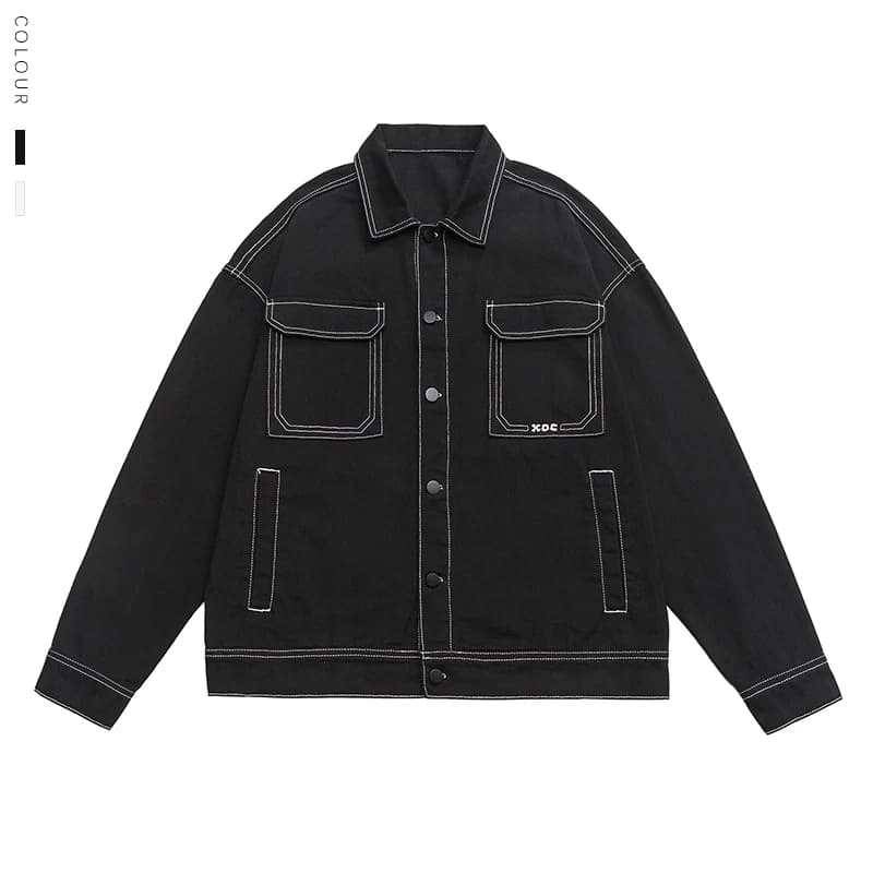 Men's Fashion Baggy Denim Jacket Streetwear Large Pocket Contrast Design Oversized Black White Washed Denim Coats Autumn 4XL 5XL