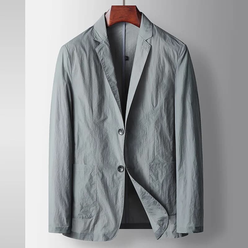 KIDWHXR Man Blazer Summer Thin Solid Turn Down Collar Male Outerwear Single-breasted Long Sleeve Pocket Casual Men Suit Coat