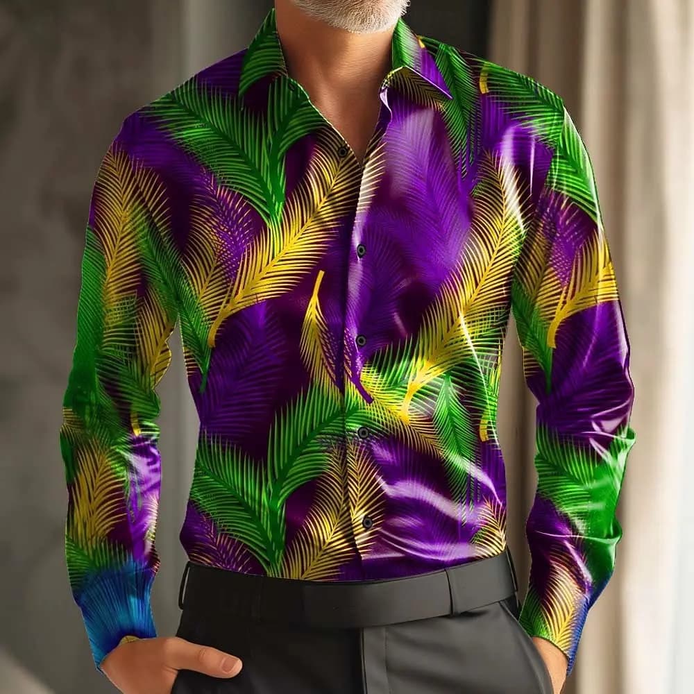 2026 Mardi Gras Men's Carnival Beads Mask with Feathers Shirt Long Sleeve Fashion Casual Party Holiday 3D Print Button Up Shirts