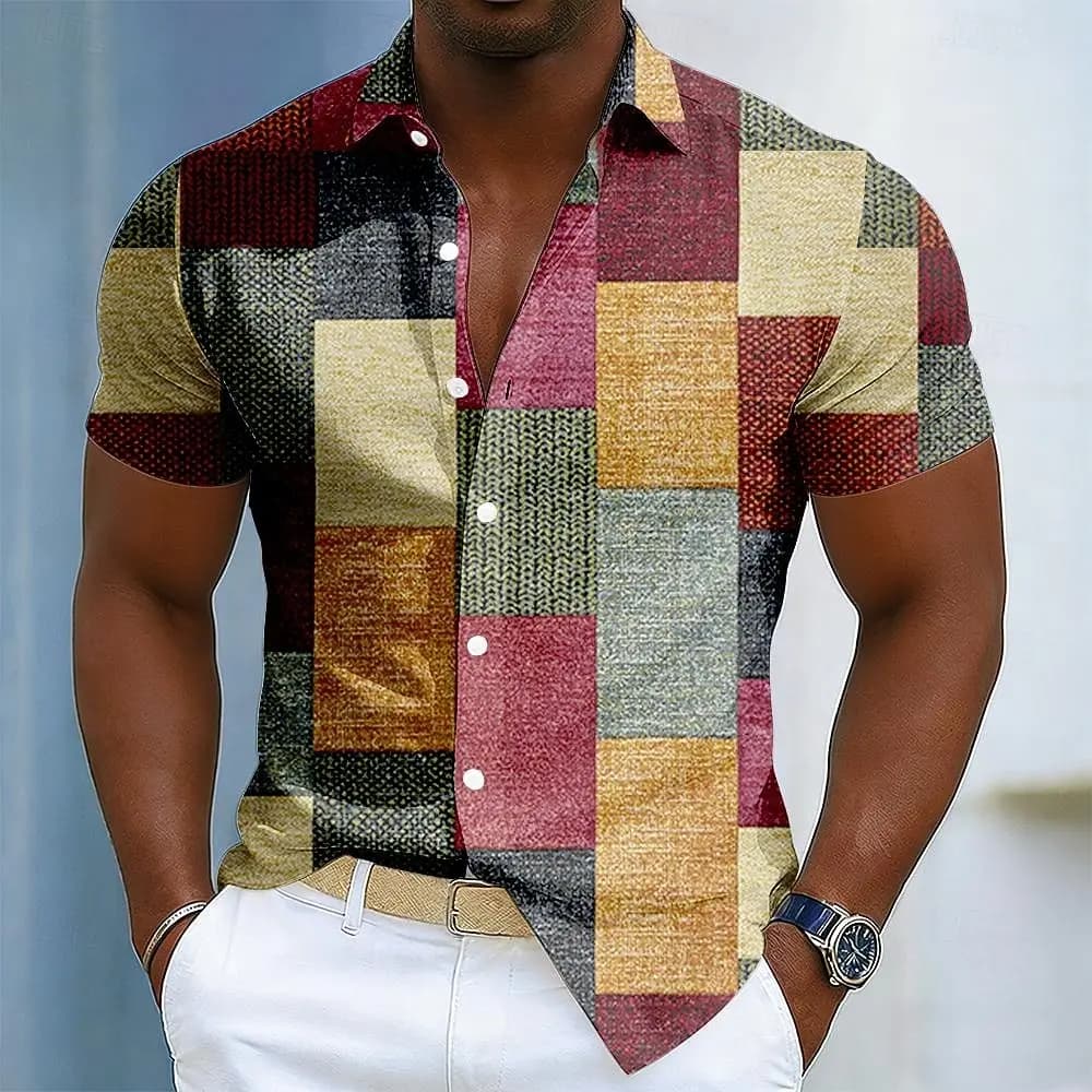 Men's Casual Daily Outdoor Patchwork Shirt, Geometric Color Block 3D Print Short Sleeve Button Up, Spring & Summer Holiday Wear