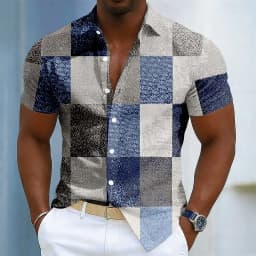 Men's Casual Daily Outdoor Patchwork Shirt, Geometric Color Block 3D Print Short Sleeve Button Up, Spring & Summer Holiday Wear