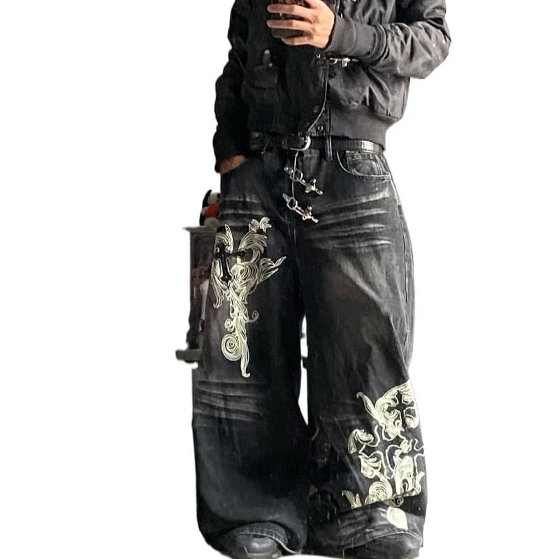 American Y2K Vintage New Pattern Printing Black Baggy Jeans Men Gothic Harajuku Hip Hop Popular Casual Joker Wide-leg Pants