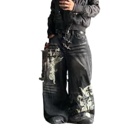 American Y2K Vintage New Pattern Printing Black Baggy Jeans Men Gothic Harajuku Hip Hop Popular Casual Joker Wide-leg Pants