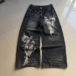 American Y2K Vintage New Pattern Printing Black Baggy Jeans Men Gothic Harajuku Hip Hop Popular Casual Joker Wide-leg Pants