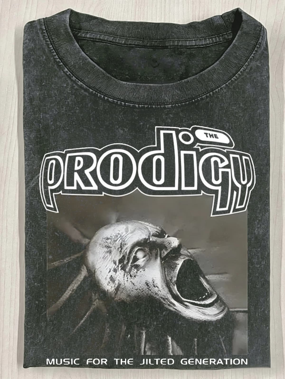 Official The Prodigy Band Merch T-Shirt - Heavyweight Vintage Retro Iconic Logo & "Music for the Jilted Generation" Print, Unisex S-5XL Sizes, Black Crewneck Short Sleeve Tee Suitable for Concerts, Streetwear, Casual Wear, Rock Band Outfits for Men &