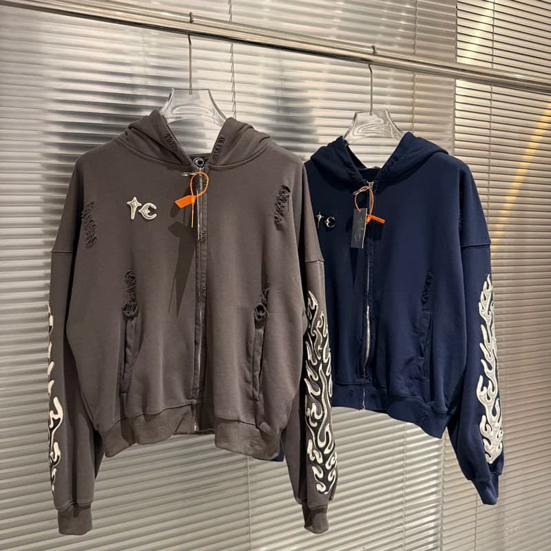 Metal Star Moon Logo Thug Club Embroidery Patch Label Zipper Hoodie Jacket Men Women Casual Wahsed Hole Damaged Loose Pullovers