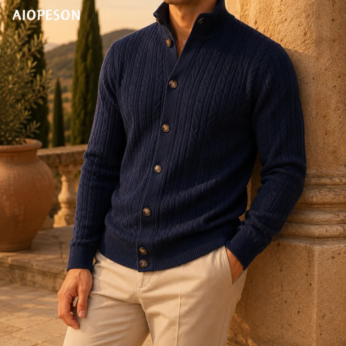 AIOPESON Men Cotton Design Knitwear Sweater Button Up Stand Collar Ribbed Cuffs Cardigan Smart Casual Office Thermal Fall Winter