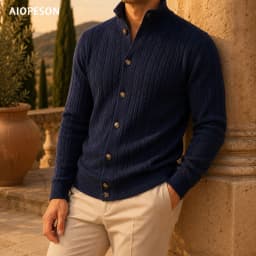 AIOPESON Men Cotton Design Knitwear Sweater Button Up Stand Collar Ribbed Cuffs Cardigan Smart Casual Office Thermal Fall Winter