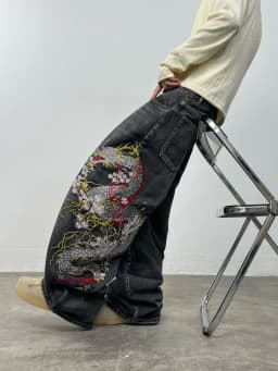 American Retro Washed Distressed Dragon Embroidery Men's Loose Wide-Leg Jeans Street Hip-Hop Trend Fashion Versatile Trousers