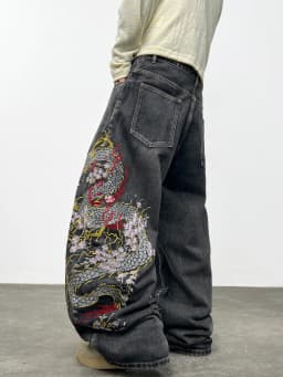 American Retro Washed Distressed Dragon Embroidery Men's Loose Wide-Leg Jeans Street Hip-Hop Trend Fashion Versatile Trousers