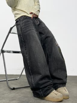 American Retro Washed Distressed Dragon Embroidery Men's Loose Wide-Leg Jeans Street Hip-Hop Trend Fashion Versatile Trousers