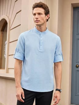 Officeau Men's Khaki Stand Collar Long Sleeve Henley Shirt, Roll-Up Sleeves, For Business Casual/ Vacation, Gift For Father/