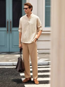 Officeau Men's Khaki Stand Collar Long Sleeve Henley Shirt, Roll-Up Sleeves, For Business Casual/ Vacation, Gift For Father/