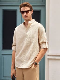 Officeau Men's Khaki Stand Collar Long Sleeve Henley Shirt, Roll-Up Sleeves, For Business Casual/ Vacation, Gift For Father/